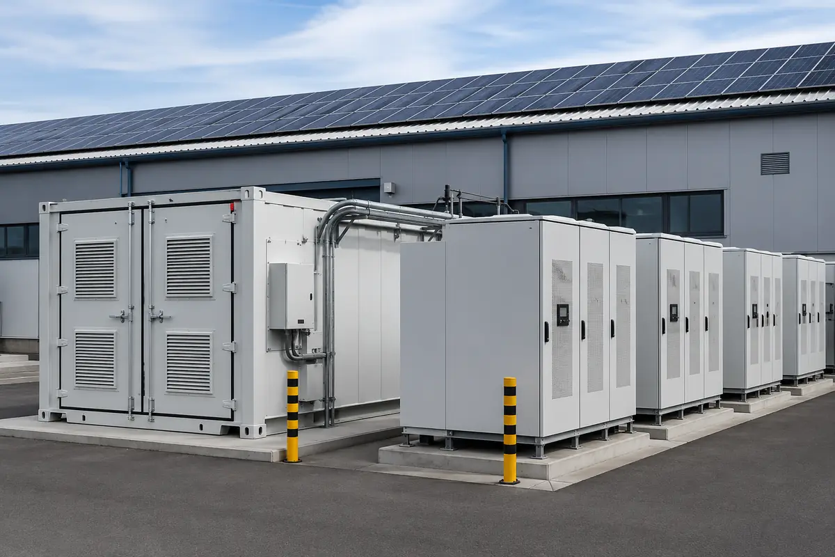 Commercial BESS energy storage next to a hall with photovoltaics