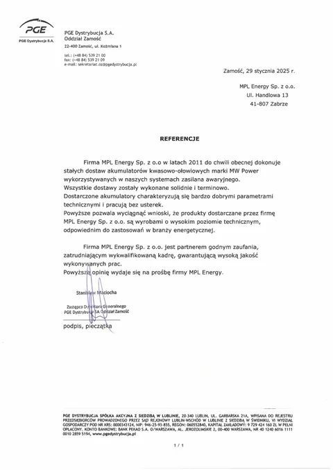 Referencja PGE dla MPL Energy